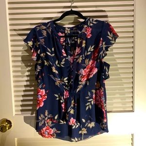 Navy blue floral silk shirt with fluttery cap sleeves